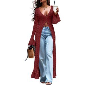 Maxi Long Wine Cardigan Sweaters For Women Sleeve Ruffle Cover Up Fall Dress